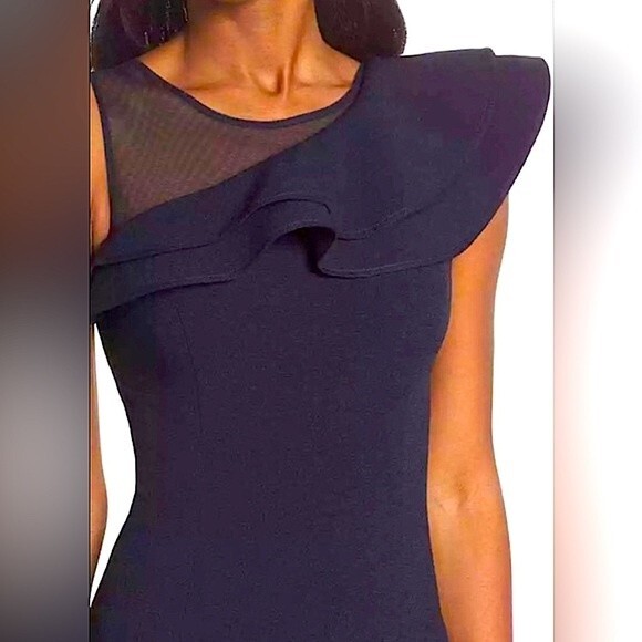 Eliza J. Navy Blue One Shoulder Illusion Ruffle Mermaid Gown Size 6 - Picture 14 of 14